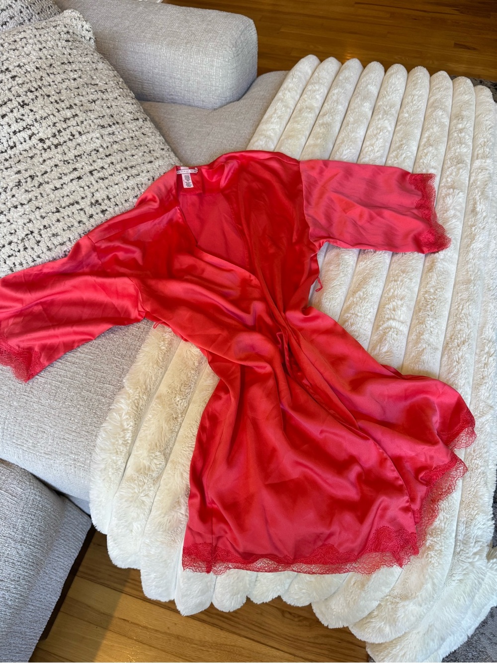 Victoria’s Secret coral satin lace trim robe XS